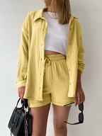 Textured Button-Up Shirt and Drawstring Shorts Set Stylish and Relaxed