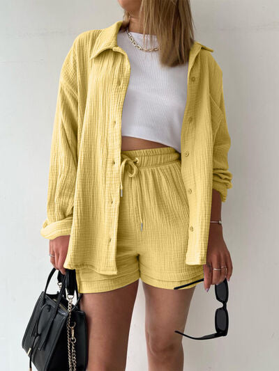 Textured Button-Up Shirt and Drawstring Shorts Set Stylish and Relaxed