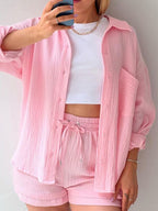 Textured Button-Up Shirt and Drawstring Shorts Set Stylish and Relaxed