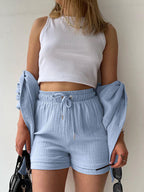 Textured Button-Up Shirt and Drawstring Shorts Set Stylish and Relaxed