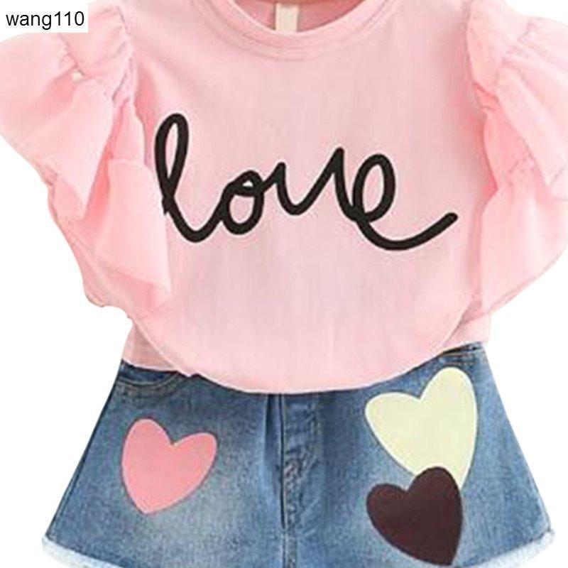 Summer Kids Girls 2-Piece T-Shirt & Hole Pants Set
