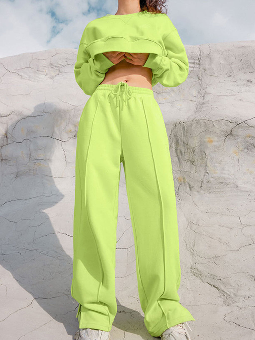 Round Neck Long Sleeve Top & Elastic Waist Pants Set