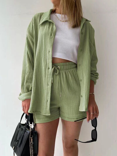 Textured Button-Up Shirt and Drawstring Shorts Set Stylish and Relaxed