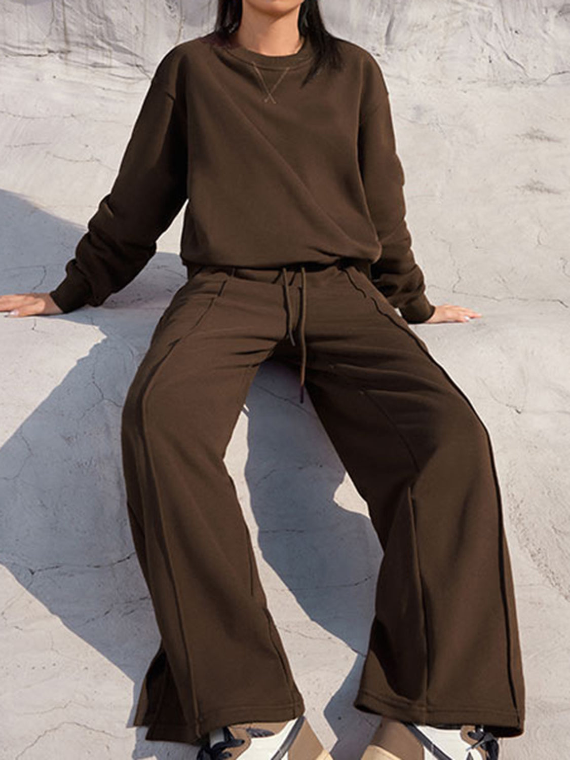 Round Neck Long Sleeve Top & Elastic Waist Pants Set