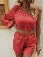 Honey One-Shoulder Long Sleeve Shorts Set
