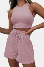 Round Neck Top and Drawstring Shorts Set Stylish