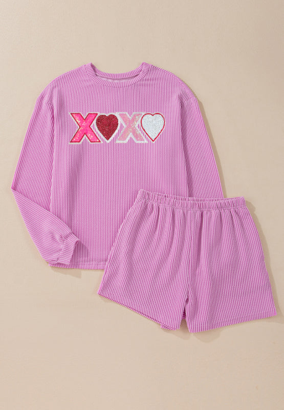 Valentine’s Day XOXO Heart Sequin Corded Long Sleeve Top