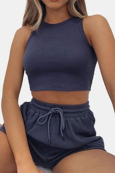 Round Neck Top and Drawstring Shorts Set Stylish