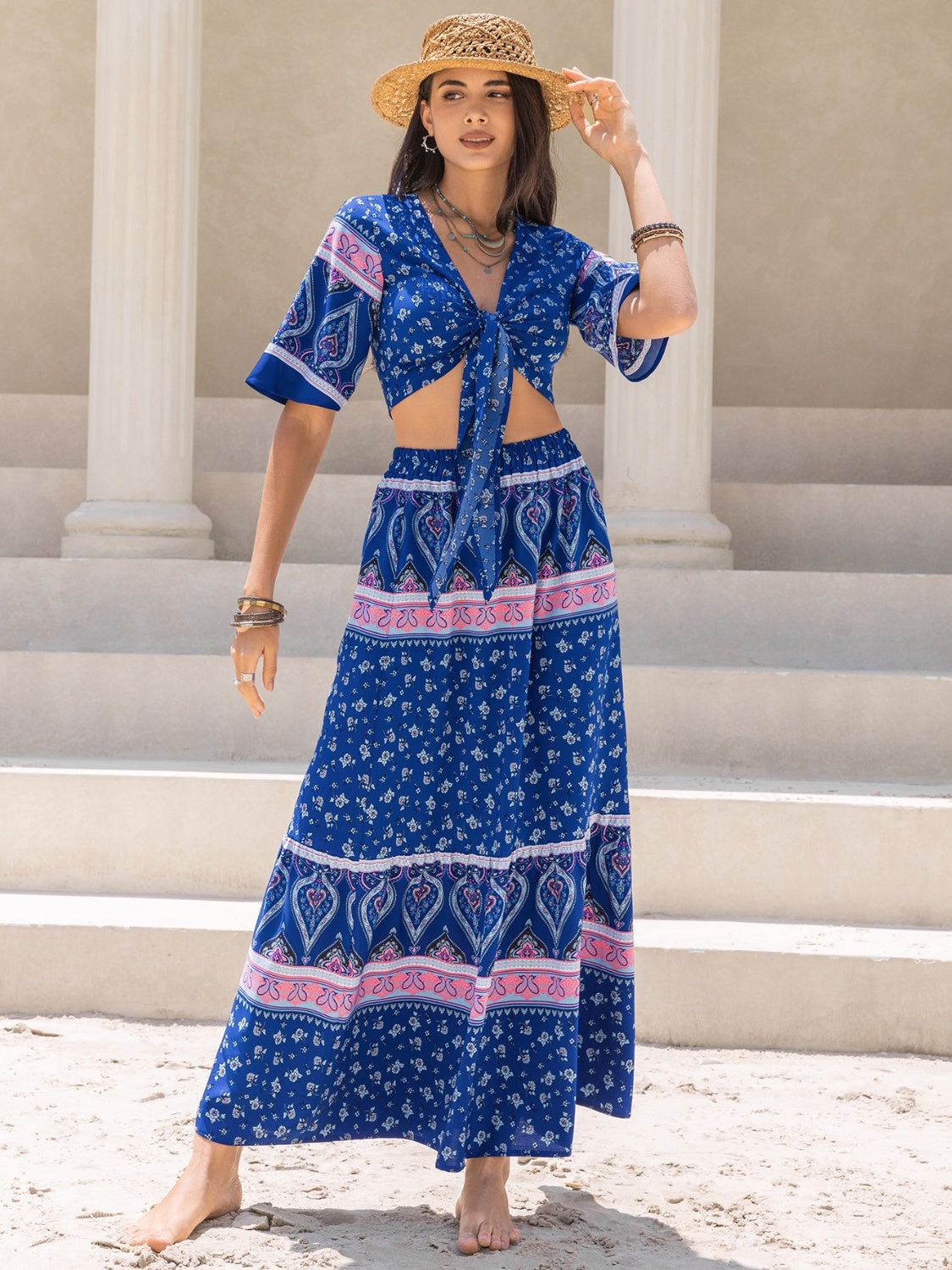 Printed Flutter Sleeve Top and Skirt Set | Effortless Elegance