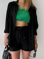 Textured Button-Up Shirt and Drawstring Shorts Set Stylish and Relaxed