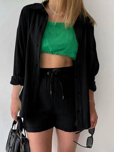 Textured Button-Up Shirt and Drawstring Shorts Set Stylish and Relaxed