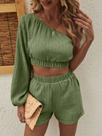 Honey One-Shoulder Long Sleeve Shorts Set
