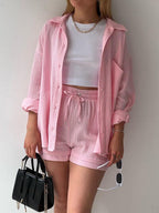 Textured Button-Up Shirt and Drawstring Shorts Set Stylish and Relaxed