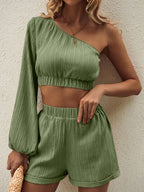 Honey One-Shoulder Long Sleeve Shorts Set