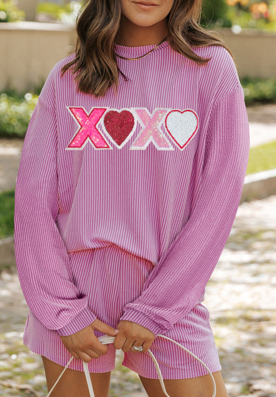 Valentine’s Day XOXO Heart Sequin Corded Long Sleeve Top