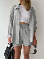 Textured Button-Up Shirt and Drawstring Shorts Set Stylish and Relaxed