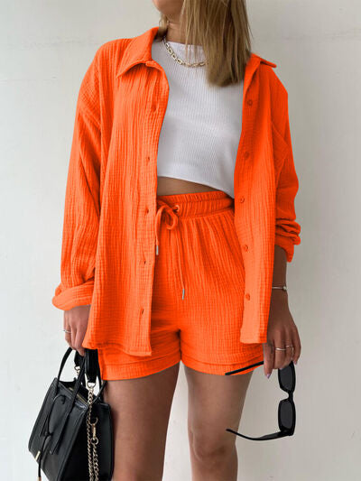 Textured Button-Up Shirt and Drawstring Shorts Set Stylish and Relaxed