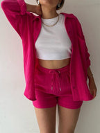 Textured Button-Up Shirt and Drawstring Shorts Set Stylish and Relaxed