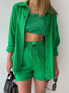 Textured Button-Up Shirt and Drawstring Shorts Set Stylish and Relaxed