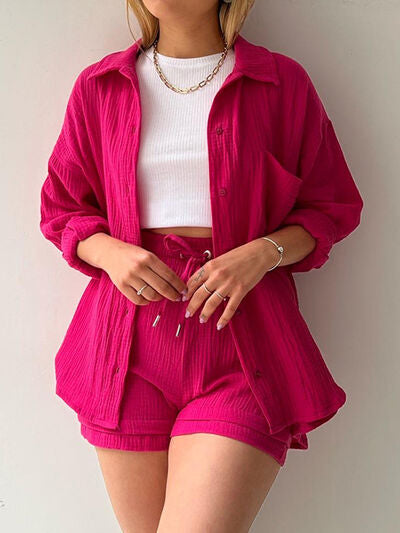 Textured Button-Up Shirt and Drawstring Shorts Set Stylish and Relaxed