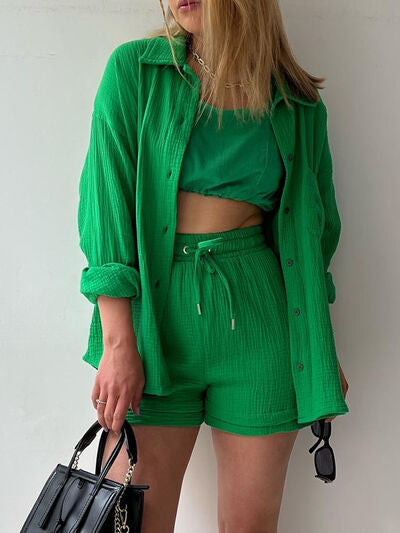 Textured Button-Up Shirt and Drawstring Shorts Set Stylish and Relaxed