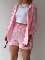 Textured Button-Up Shirt and Drawstring Shorts Set Stylish and Relaxed