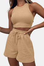 Round Neck Top and Drawstring Shorts Set Stylish