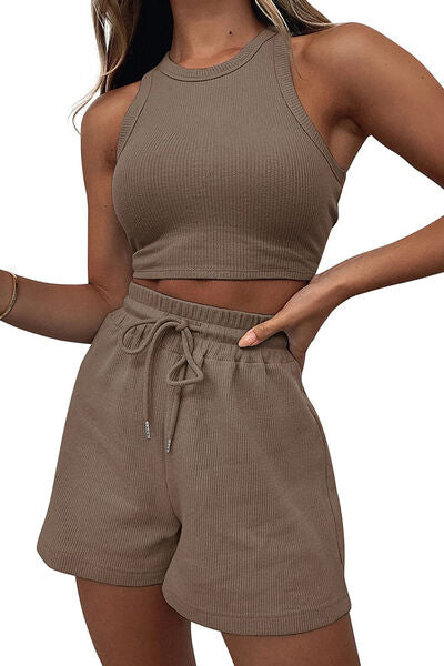 Round Neck Top and Drawstring Shorts Set Stylish