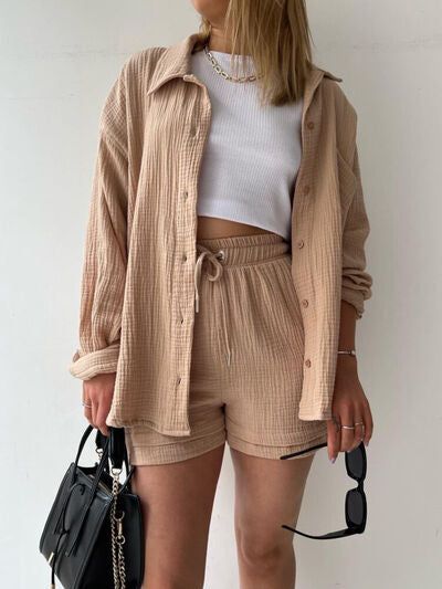 Textured Button-Up Shirt and Drawstring Shorts Set Stylish and Relaxed