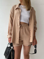 Textured Button-Up Shirt and Drawstring Shorts Set Stylish and Relaxed