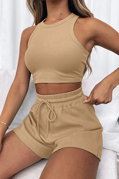 Round Neck Top and Drawstring Shorts Set Stylish