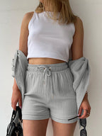 Textured Button-Up Shirt and Drawstring Shorts Set Stylish and Relaxed