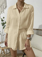 Dropped Shoulder Button Up Top and Elastic Waist Shorts Set