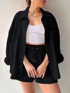 Textured Button-Up Shirt and Drawstring Shorts Set Stylish and Relaxed