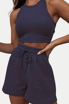 Round Neck Top and Drawstring Shorts Set Stylish