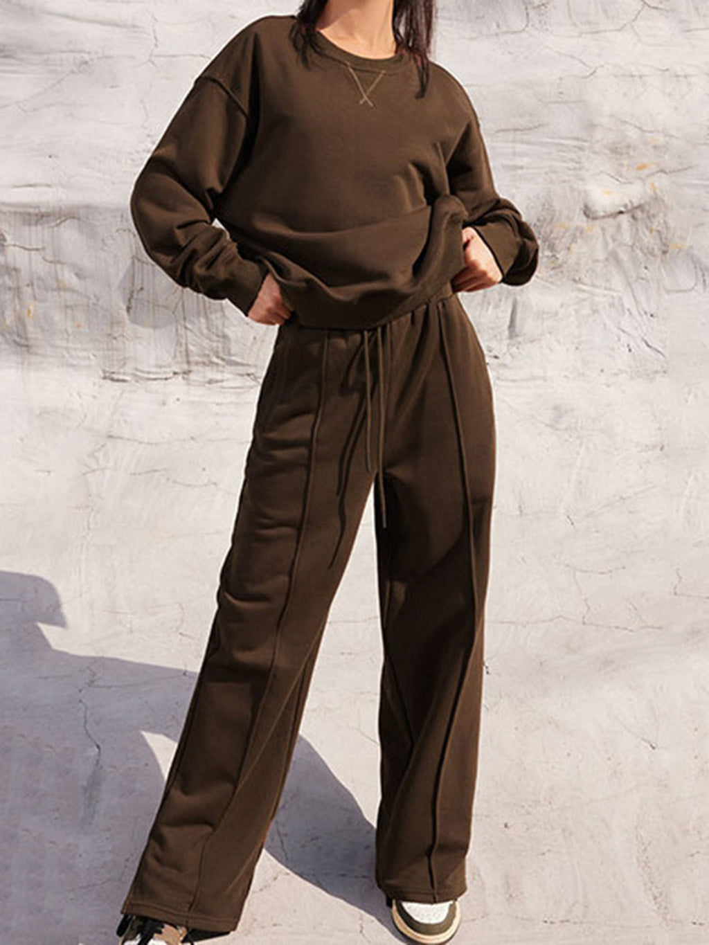 Round Neck Long Sleeve Top & Elastic Waist Pants Set