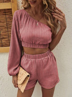 Honey One-Shoulder Long Sleeve Shorts Set