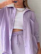 Textured Button-Up Shirt and Drawstring Shorts Set Stylish and Relaxed