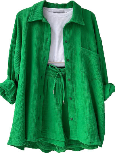 Textured Button-Up Shirt and Drawstring Shorts Set Stylish and Relaxed