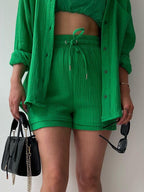 Textured Button-Up Shirt and Drawstring Shorts Set Stylish and Relaxed