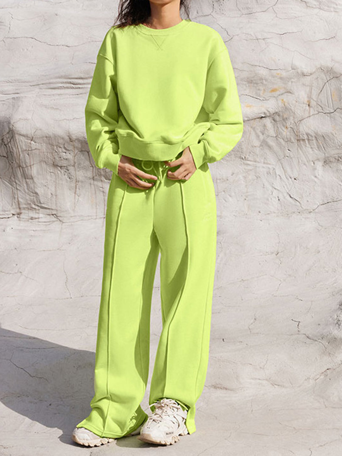Round Neck Long Sleeve Top & Elastic Waist Pants Set