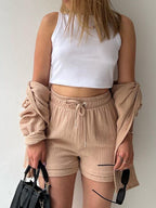 Textured Button-Up Shirt and Drawstring Shorts Set Stylish and Relaxed