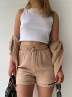 Textured Button-Up Shirt and Drawstring Shorts Set Stylish and Relaxed
