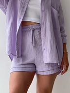 Textured Button-Up Shirt and Drawstring Shorts Set Stylish and Relaxed