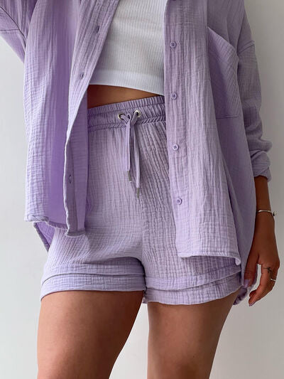 Textured Button-Up Shirt and Drawstring Shorts Set Stylish and Relaxed