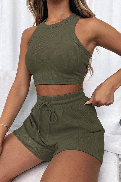 Round Neck Top and Drawstring Shorts Set Stylish