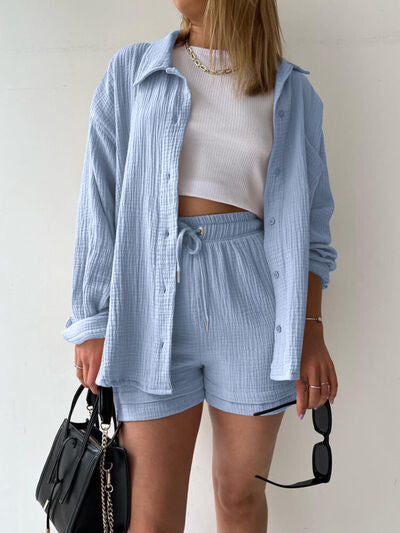 Textured Button-Up Shirt and Drawstring Shorts Set Stylish and Relaxed
