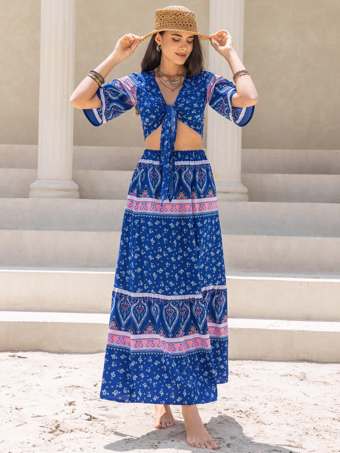 Printed Flutter Sleeve Top and Skirt Set | Effortless Elegance